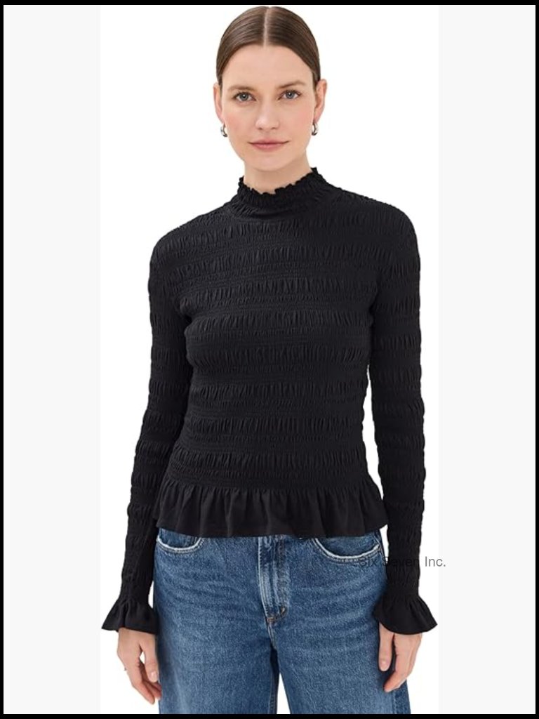 Merlette Jersey Ruffle Trim Smocked Elastic Long Sleeve Top